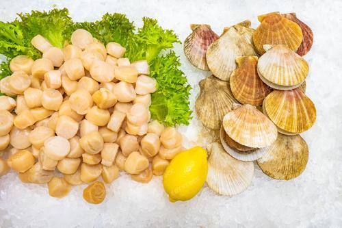 Фотография представляет собой изысканный натюрморт с морепродуктами, разложенными на прилавке магазина. Свежие гребешки и мидии, охлажденные льдом, привлекают взгляды покупателей. Лимон служит ярким акцентом, придающим композиции свежесть и аппетитность.

Фотография идеально подходит для рекламы морепродуктов, ресторанов и супермаркетов. Создавая ассоциации с здоровым питанием, изысканным вкусом и свежестью, изображение может использоваться в гастрономических изданиях, кулинарных блогах, а также в рекламе здорового образа жизни.